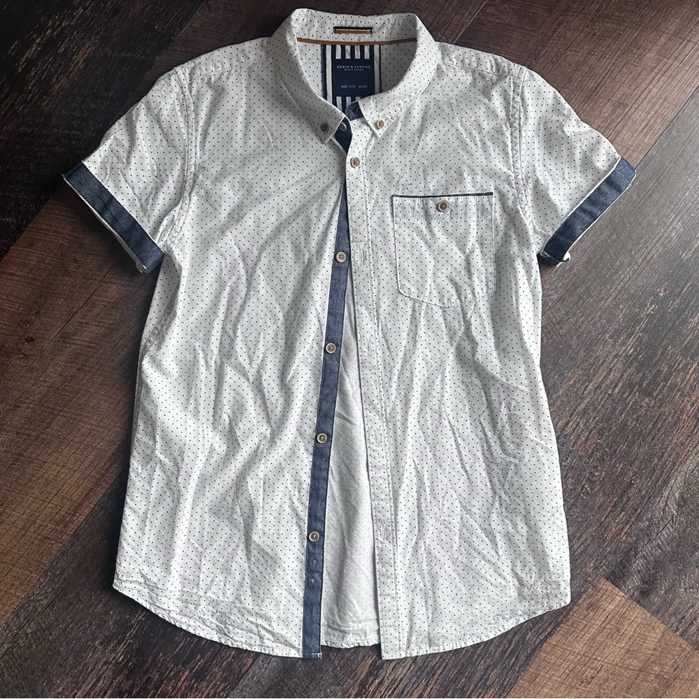 Denim & Flower Boys White Microdot Short-Sleeve Button-Down with Navy Trim